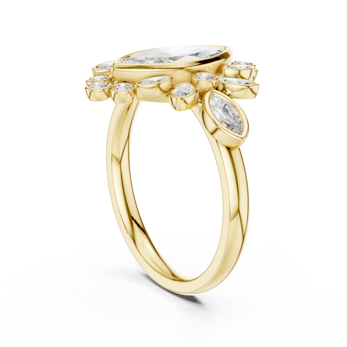 Marquise garland cluster ring yellow gold side view