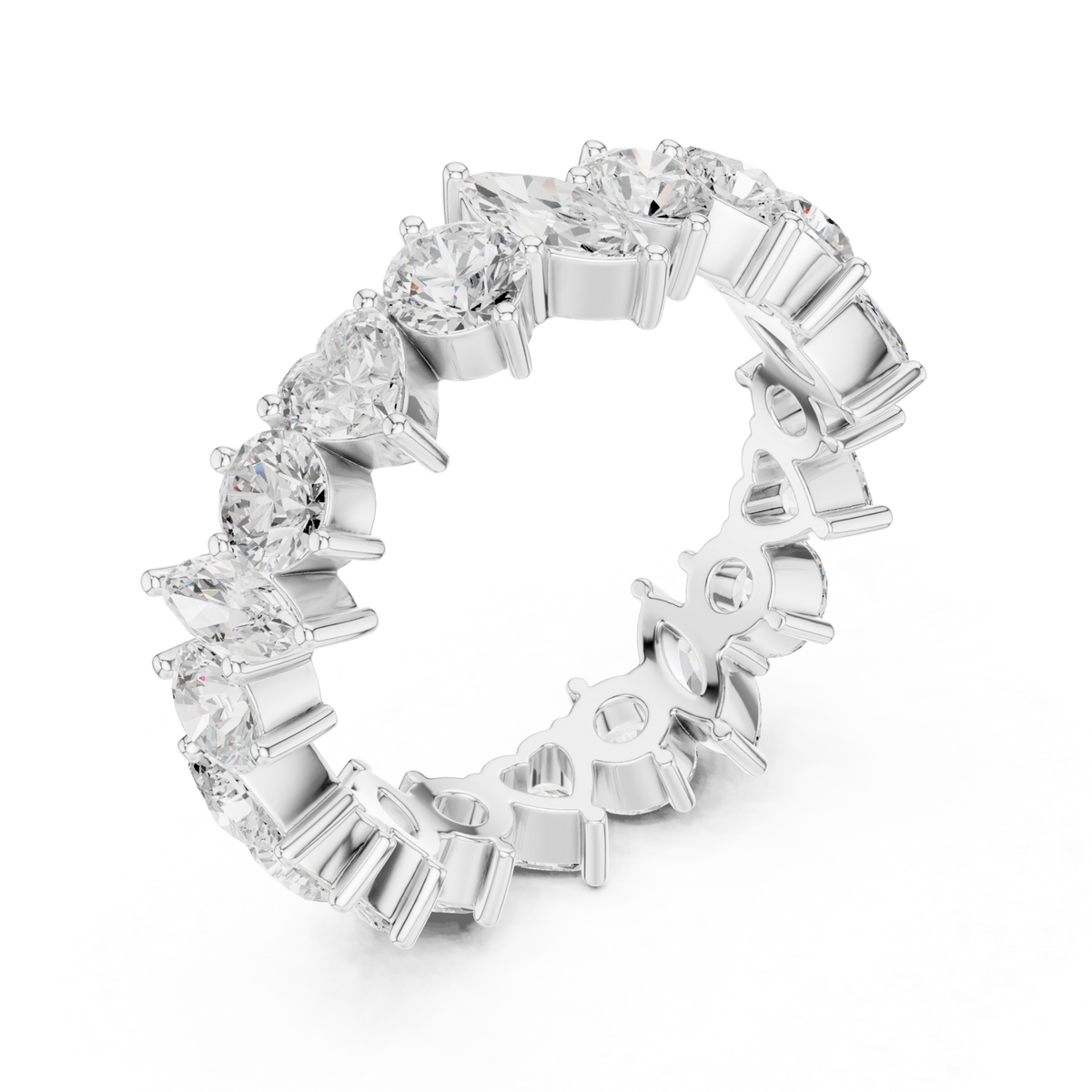 Marquise heart and round alternating eternity band white gold front view