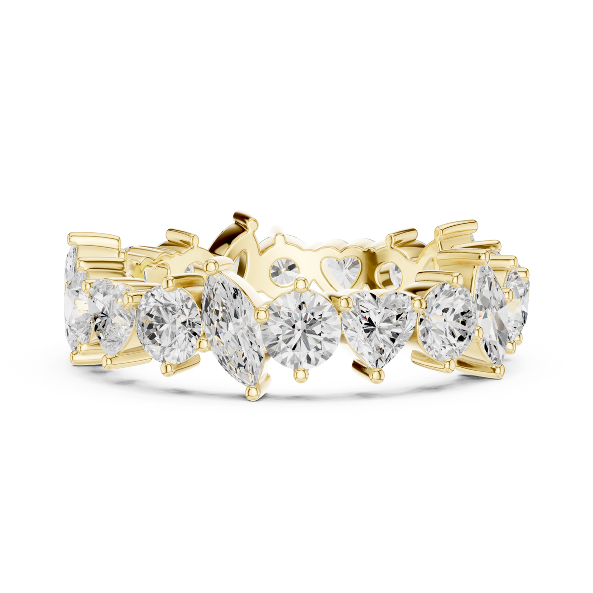 Marquise heart and round alternating eternity band yellow gold angle view