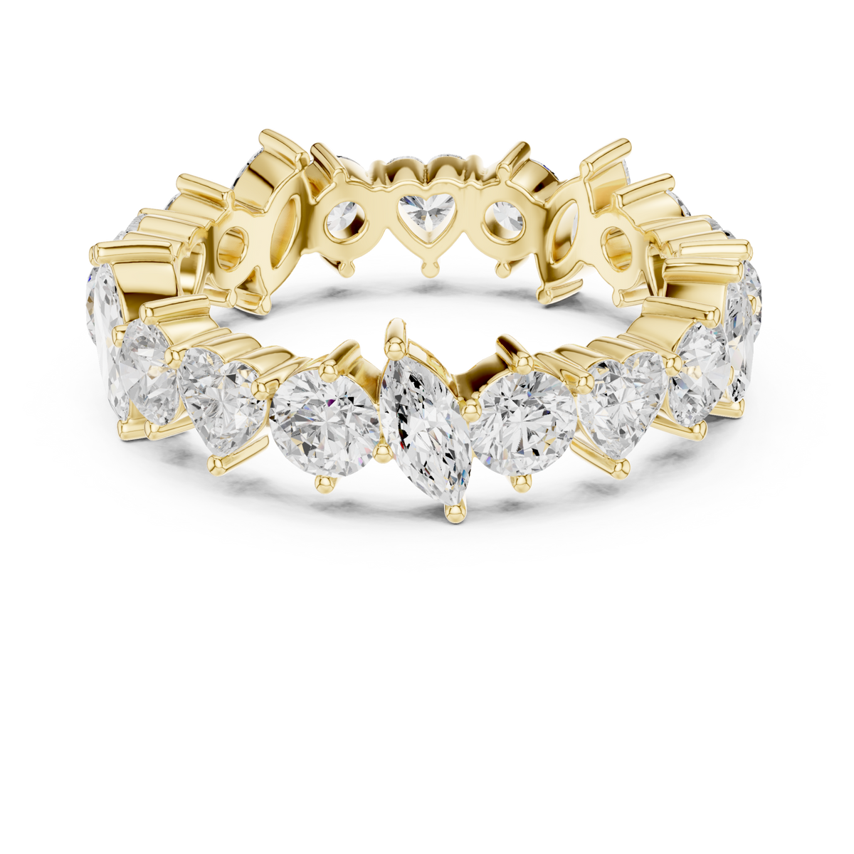 Marquise heart and round alternating eternity band yellow gold detail view