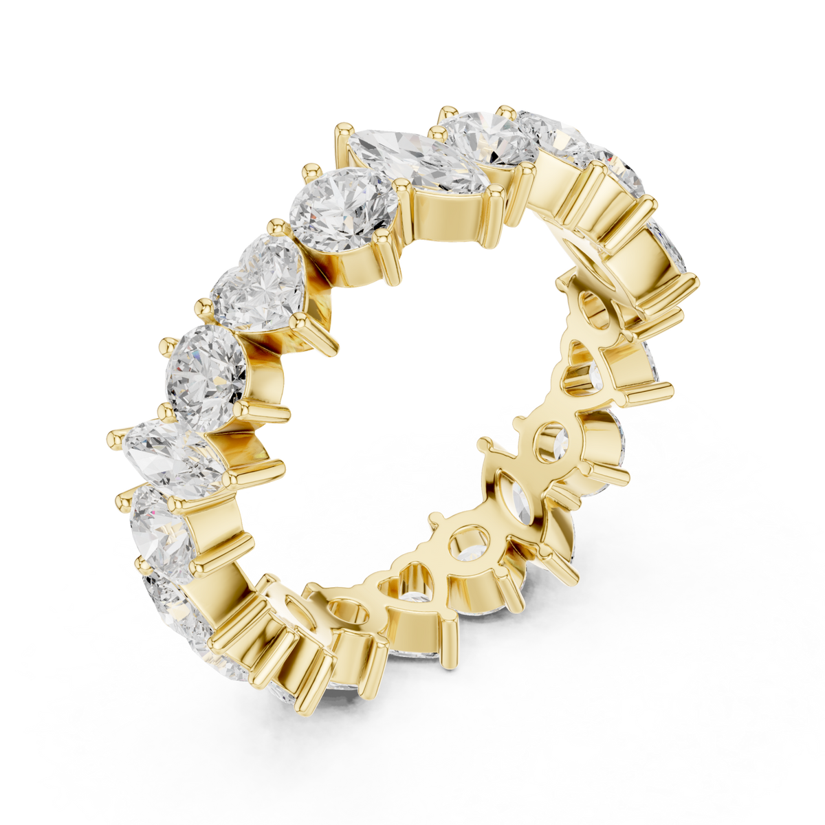 Marquise heart and round alternating eternity band yellow gold front view