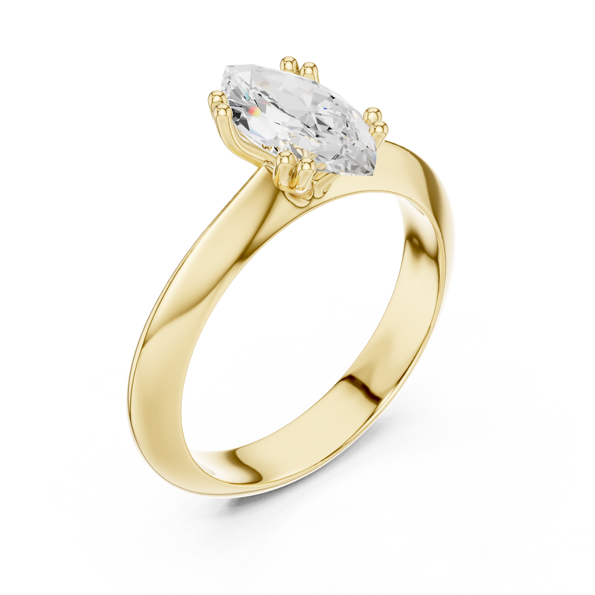 Marquise knife-edge solitaire engagement ring yellow gold angle view