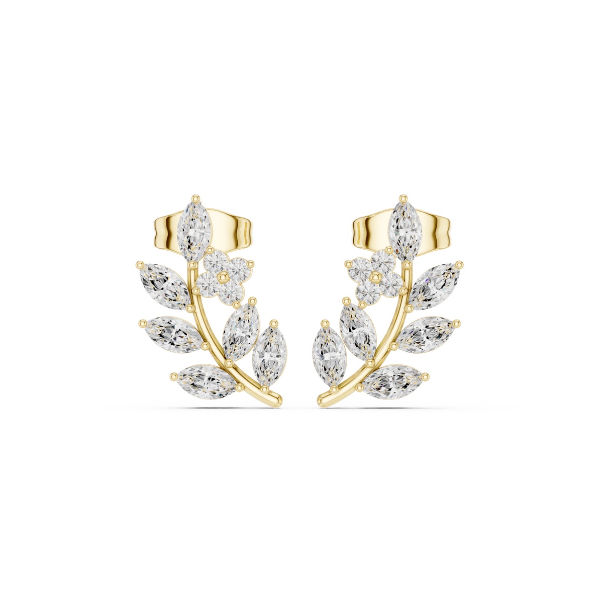  Gold Marquise Leaf Spray Climber Studs Detail View