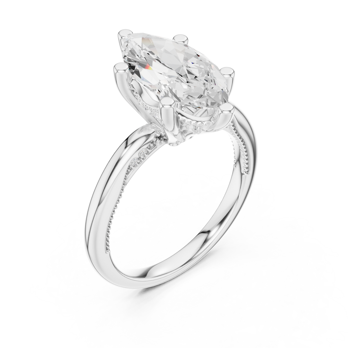 Marquise milgrain accent solitaire engagement ring white gold angle view