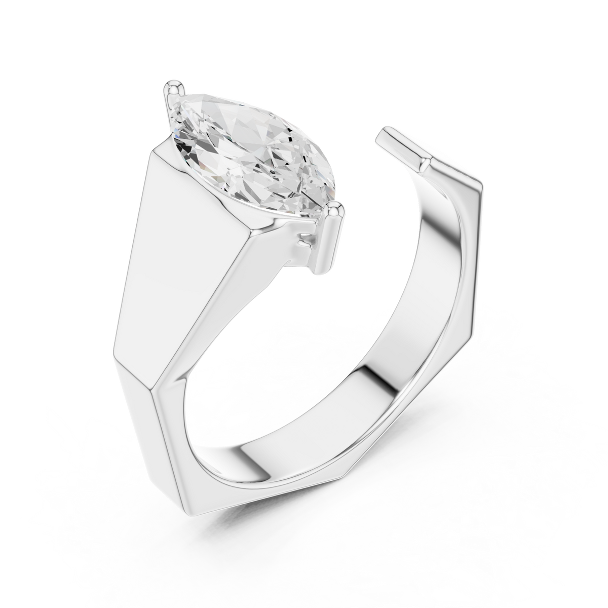  White Gold Marquise Open Cuff Ring for Him Front View