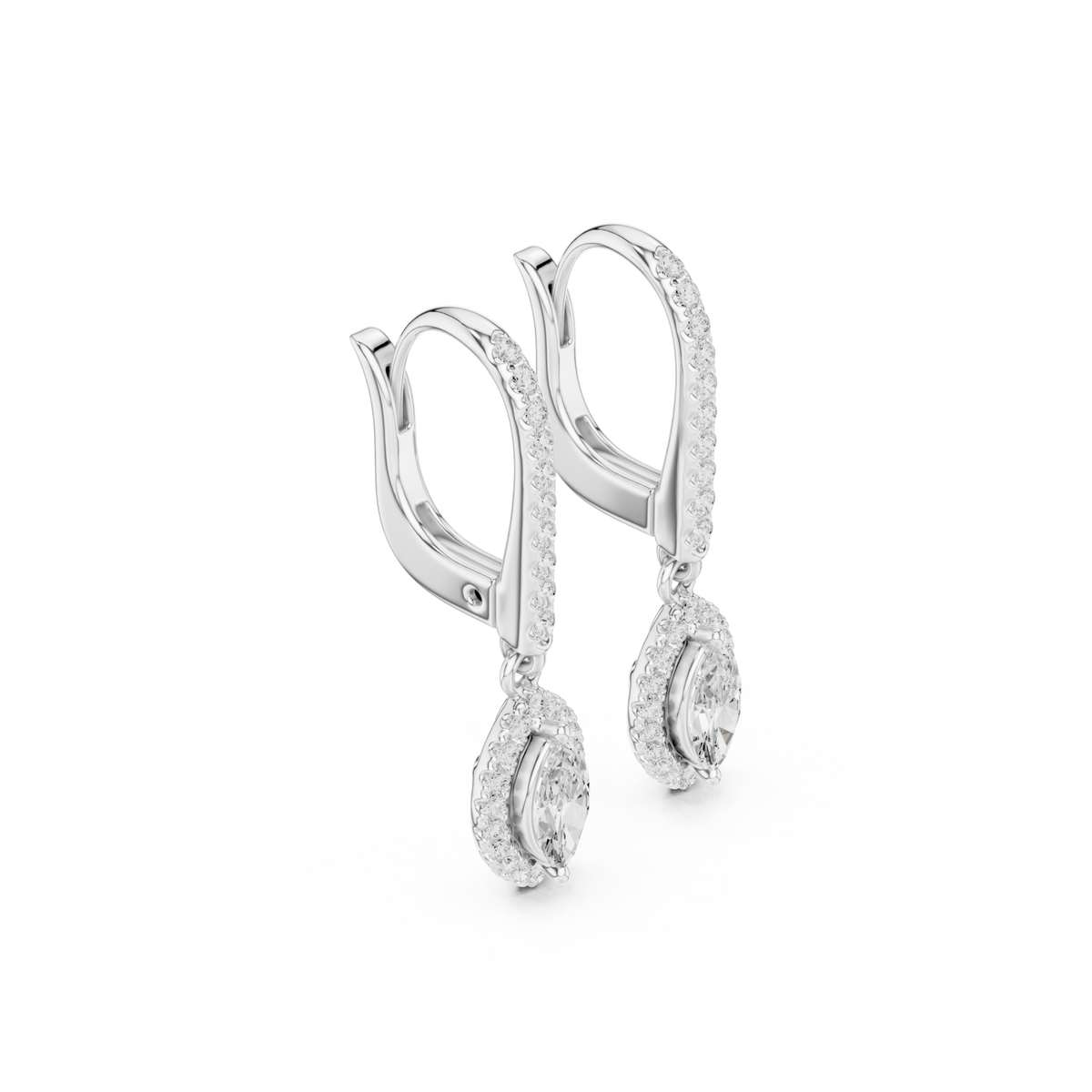  White Gold Marquise Pave Bar Halo Drop Earrings Front View