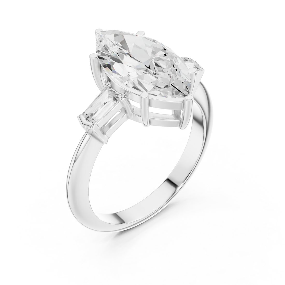 Marquise petite baguette three stone engagement ring white gold front view