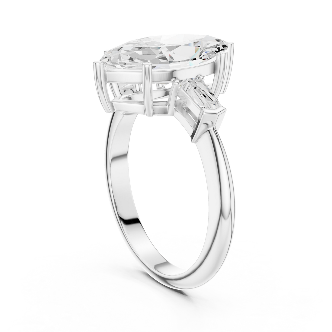 Marquise petite baguette three stone engagement ring white gold front view