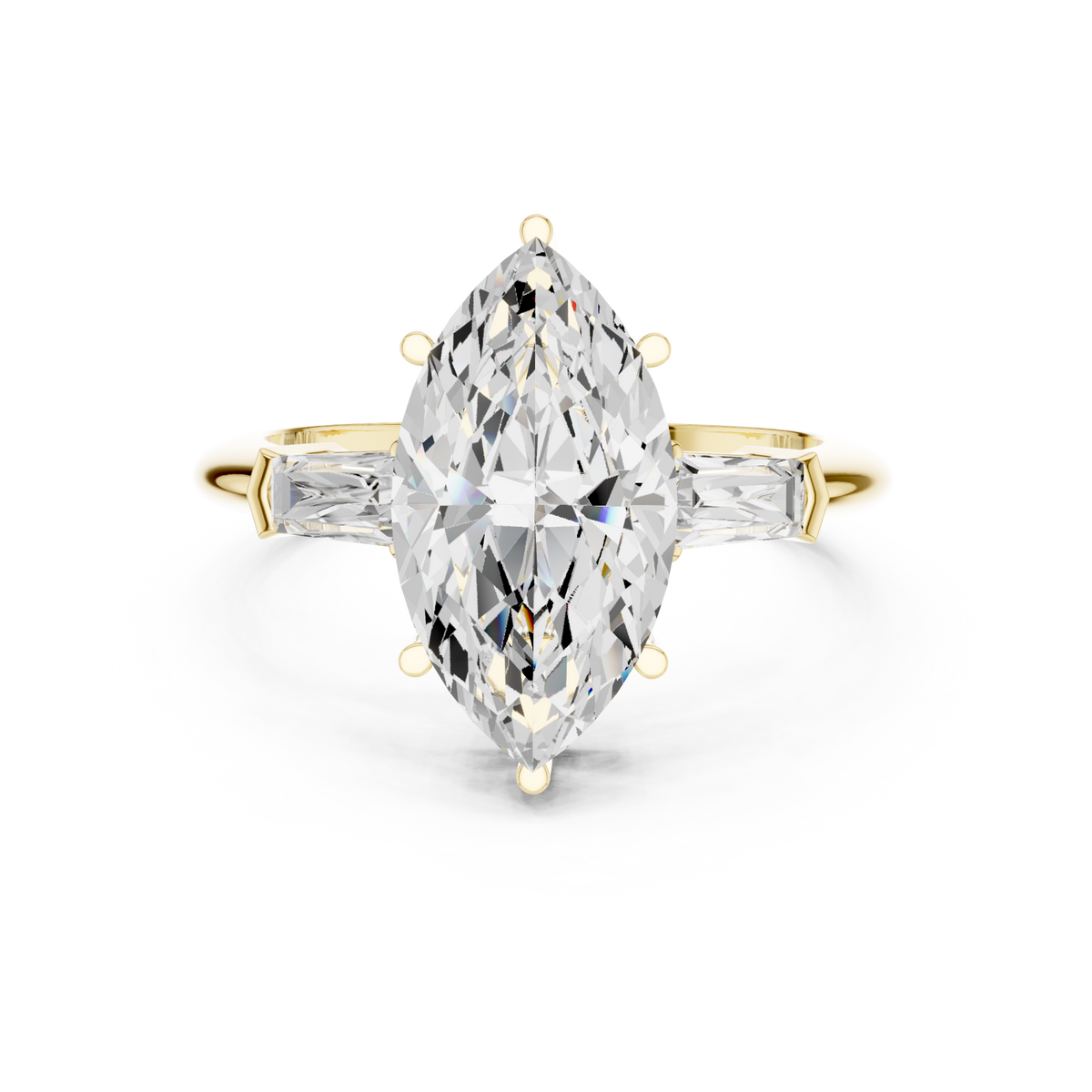 Marquise petite baguette three stone engagement ring yellow gold detail view