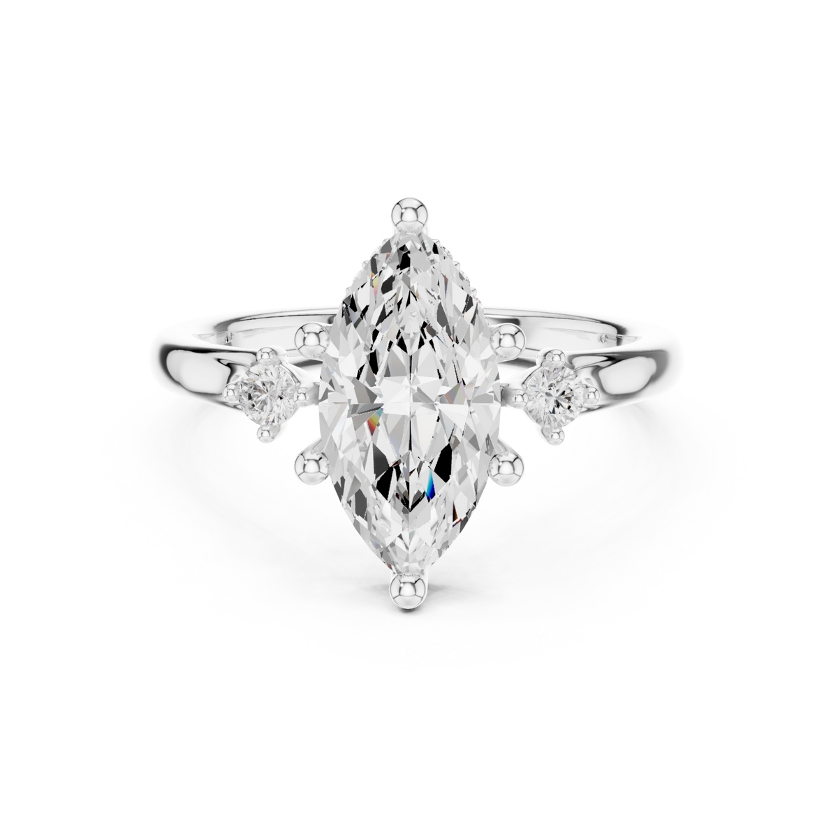 Marquise round accent three stone engagement ring white gold detail view
