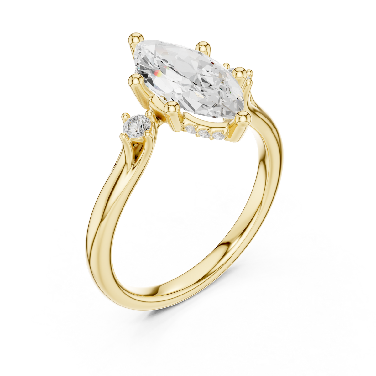 Marquise round accent three stone engagement ring yellow gold angle view