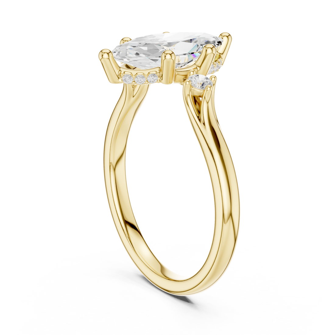 Marquise round accent three stone engagement ring yellow gold front view