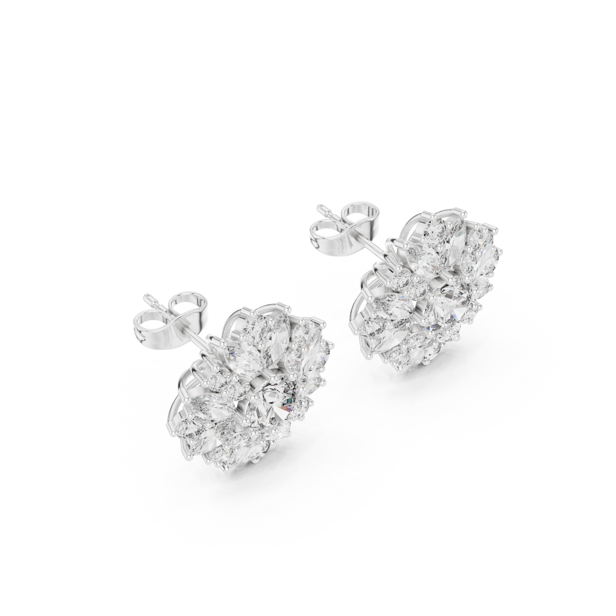  White Gold Marquise & Round Rosette Cluster Studs Front View