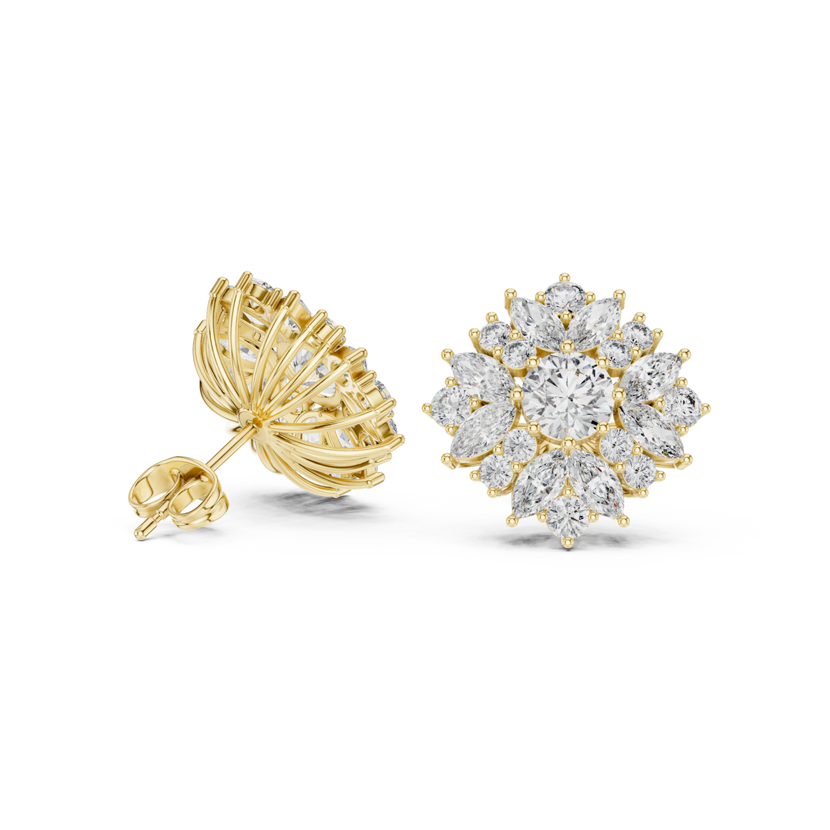  Gold Marquise & Round Rosette Cluster Studs Side View