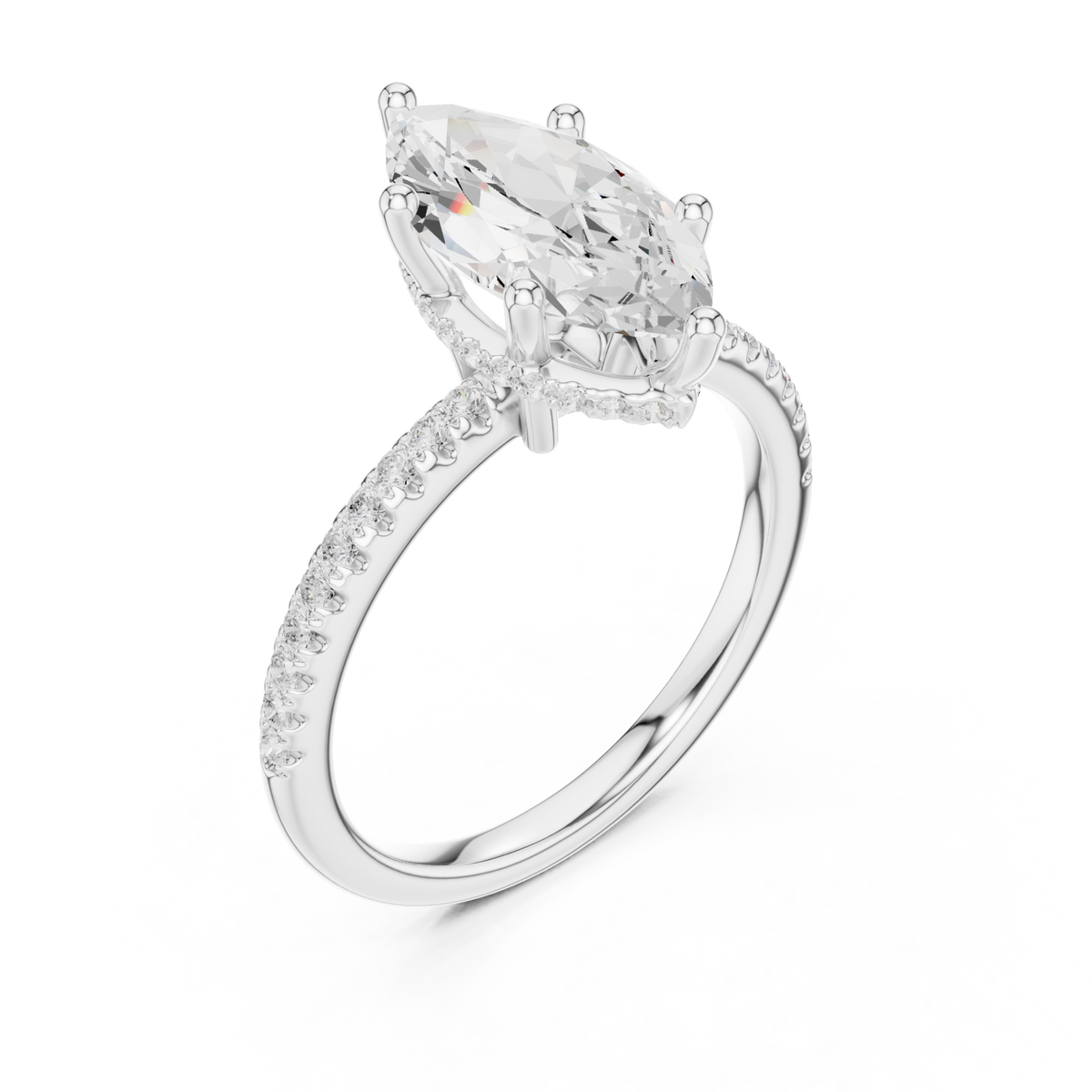 Marquise slim hidden halo pave engagement ring white gold angle view