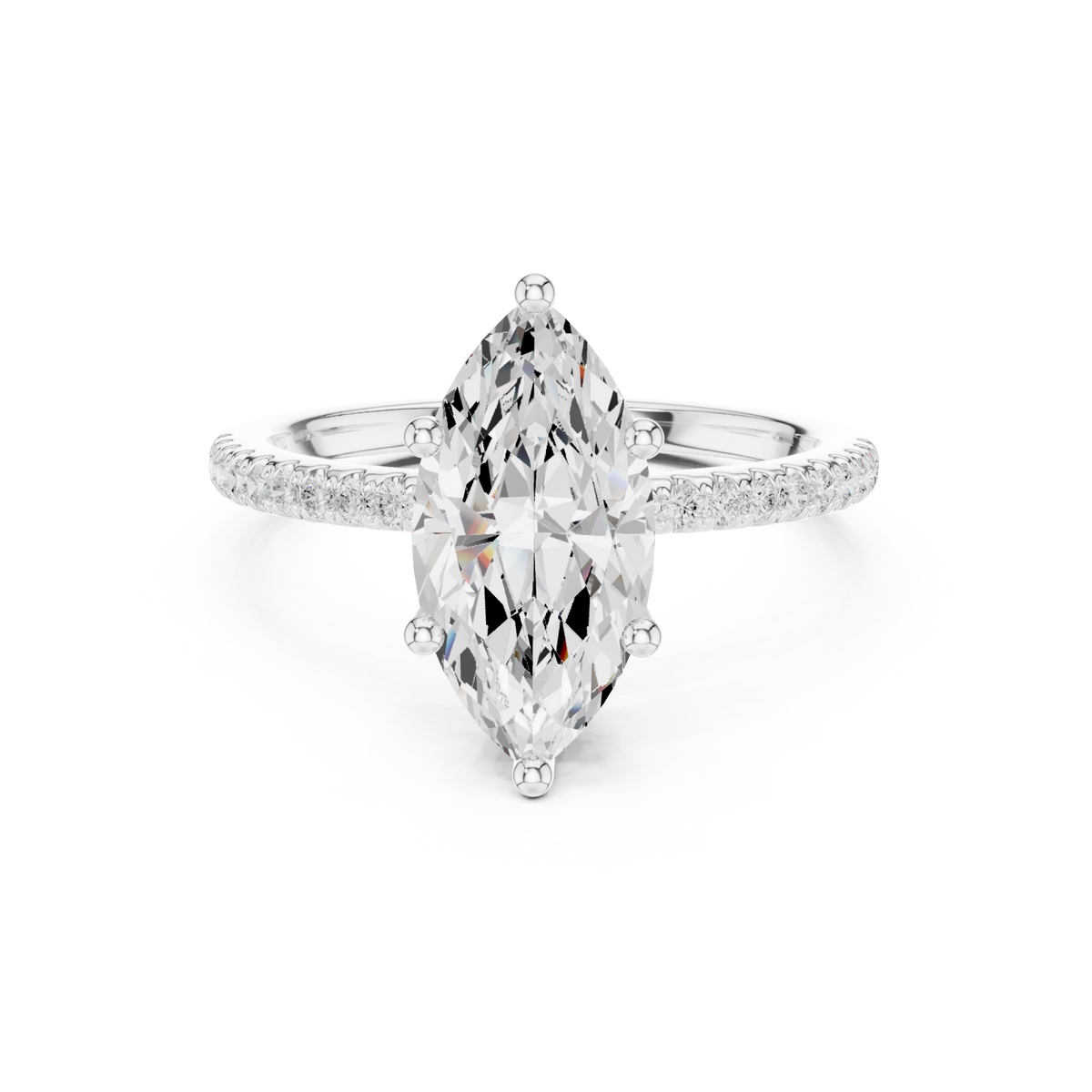 Marquise slim hidden halo pave engagement ring white gold detail view