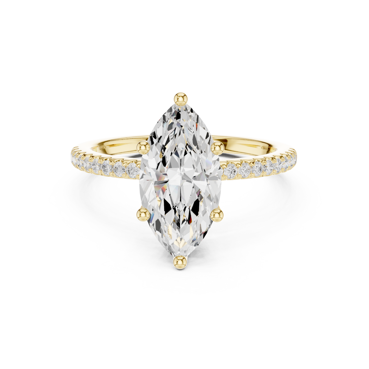 Marquise slim hidden halo pave engagement ring yellow gold detail view