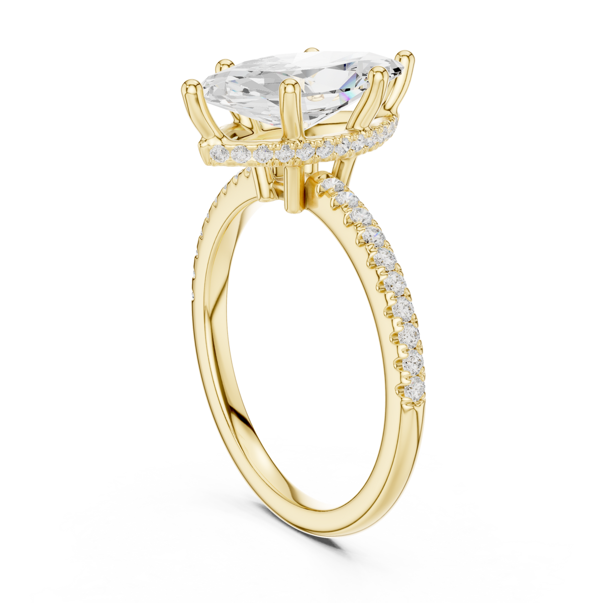 Marquise slim hidden halo pave engagement ring yellow gold front view