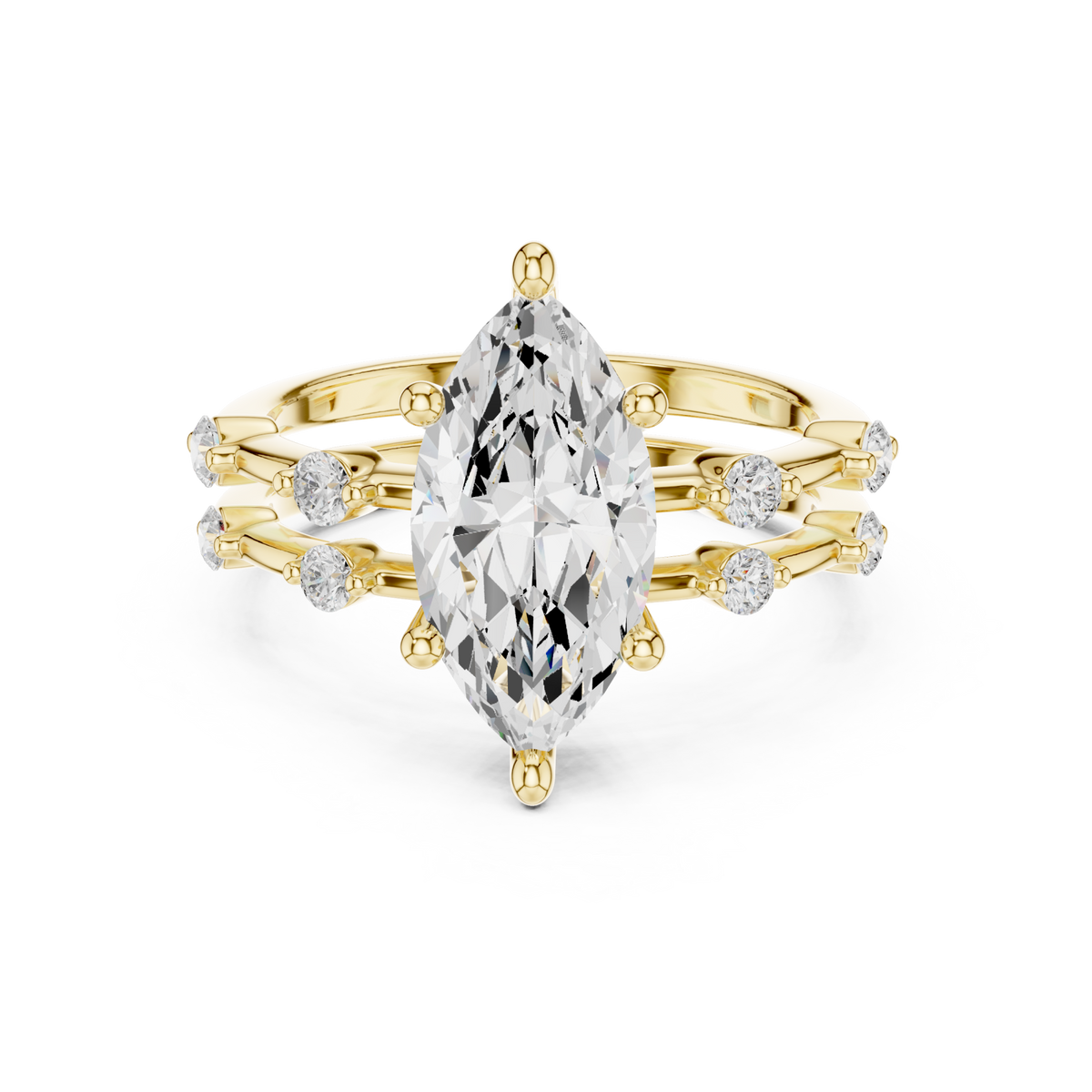 Marquise spaced accent bridal set yellow gold detail view