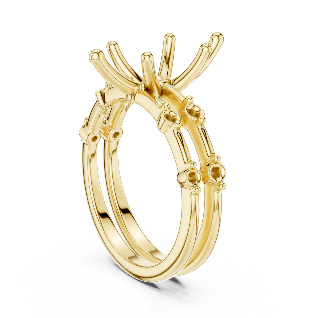Marquise spaced accent bridal set yellow gold front view