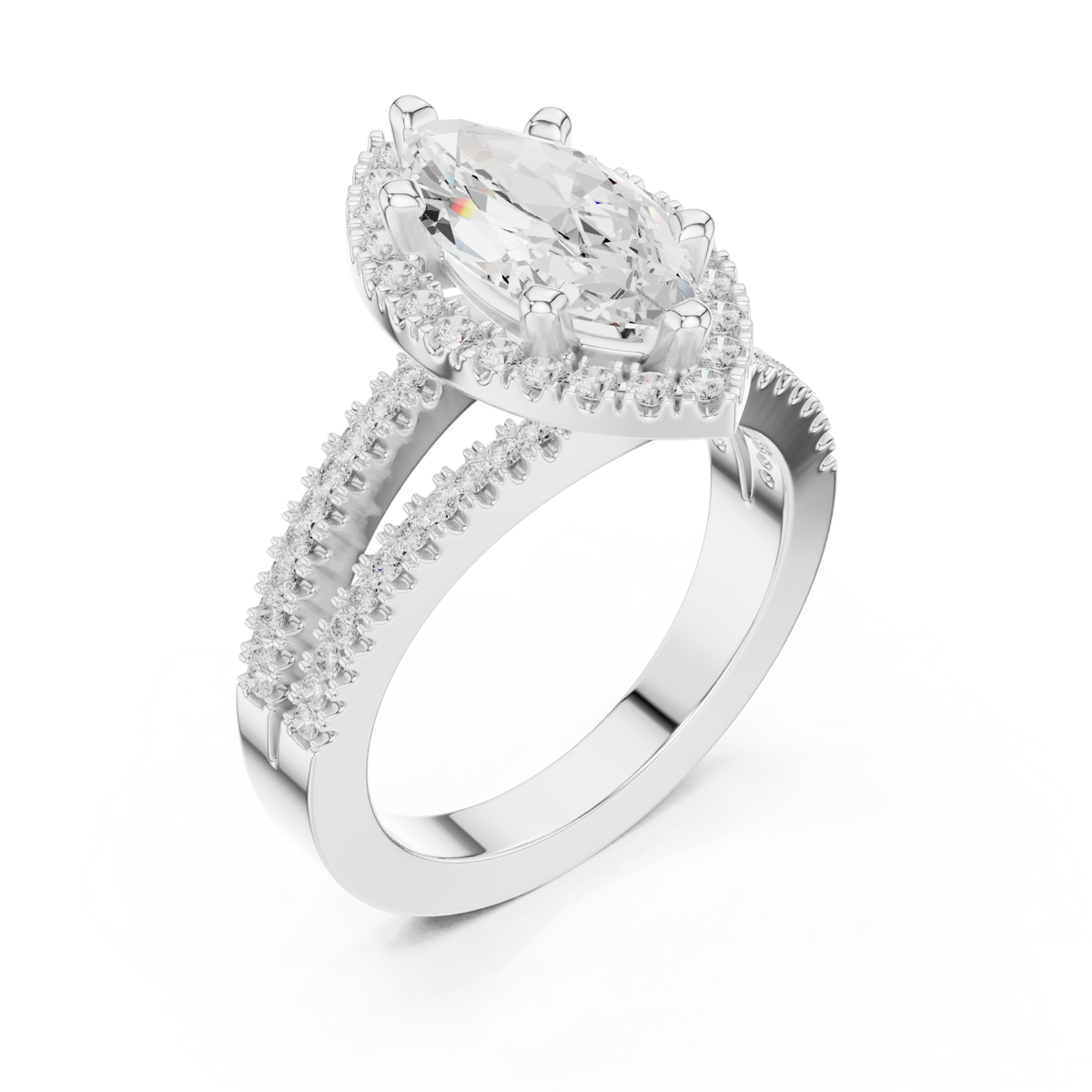 Marquise split shank halo engagement ring white gold angle view