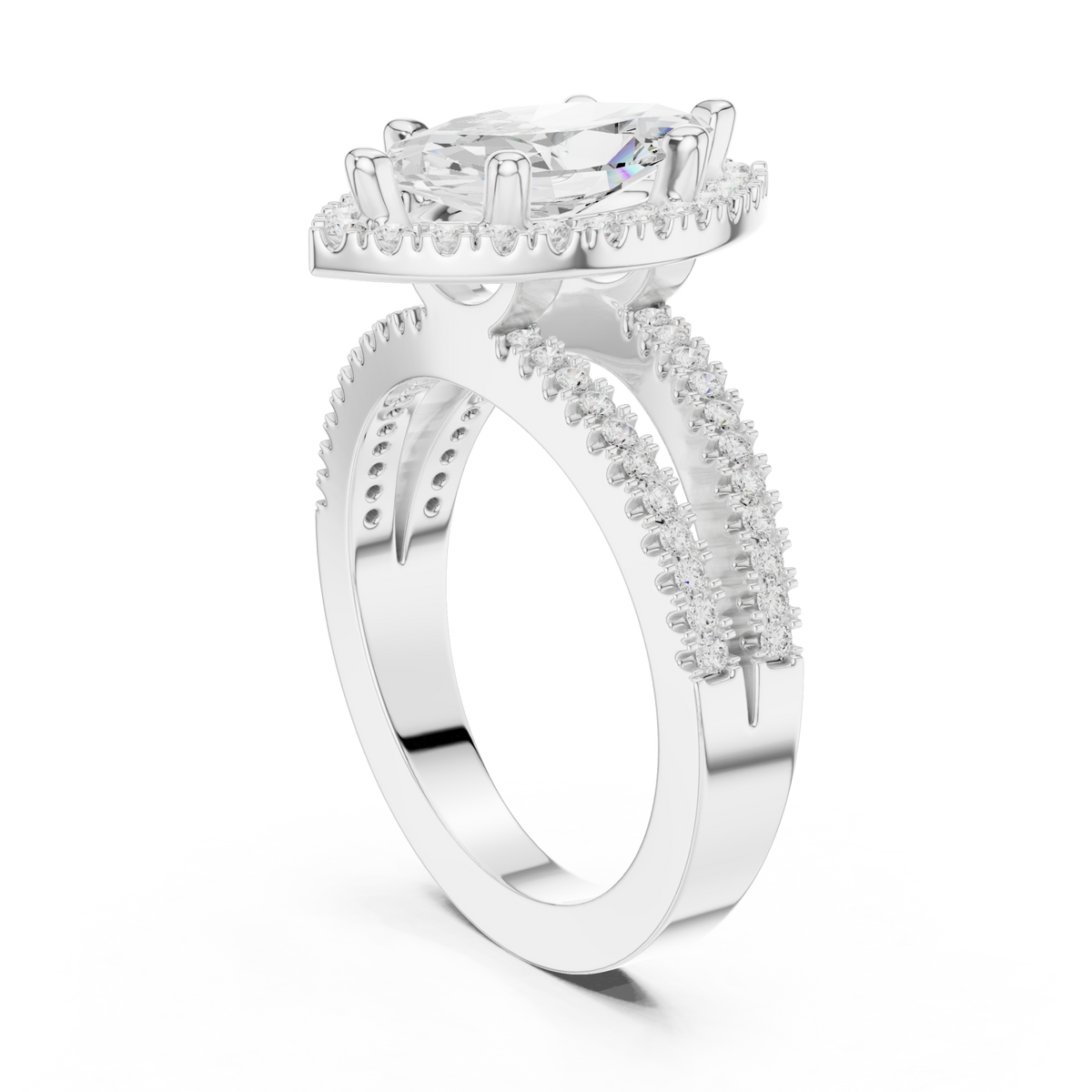 Marquise split shank halo engagement ring white gold front view