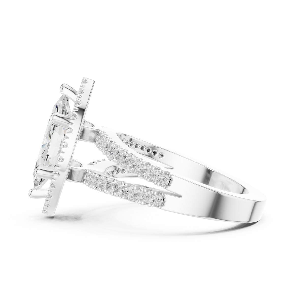 Marquise split shank halo engagement ring white gold side view