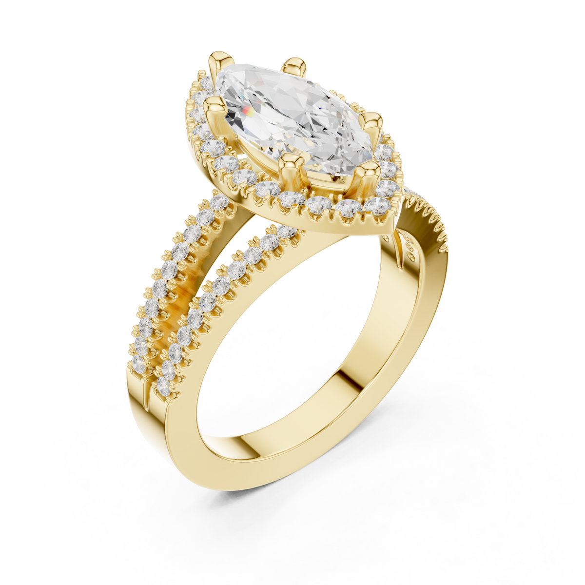 Marquise split shank halo engagement ring yellow gold angle view