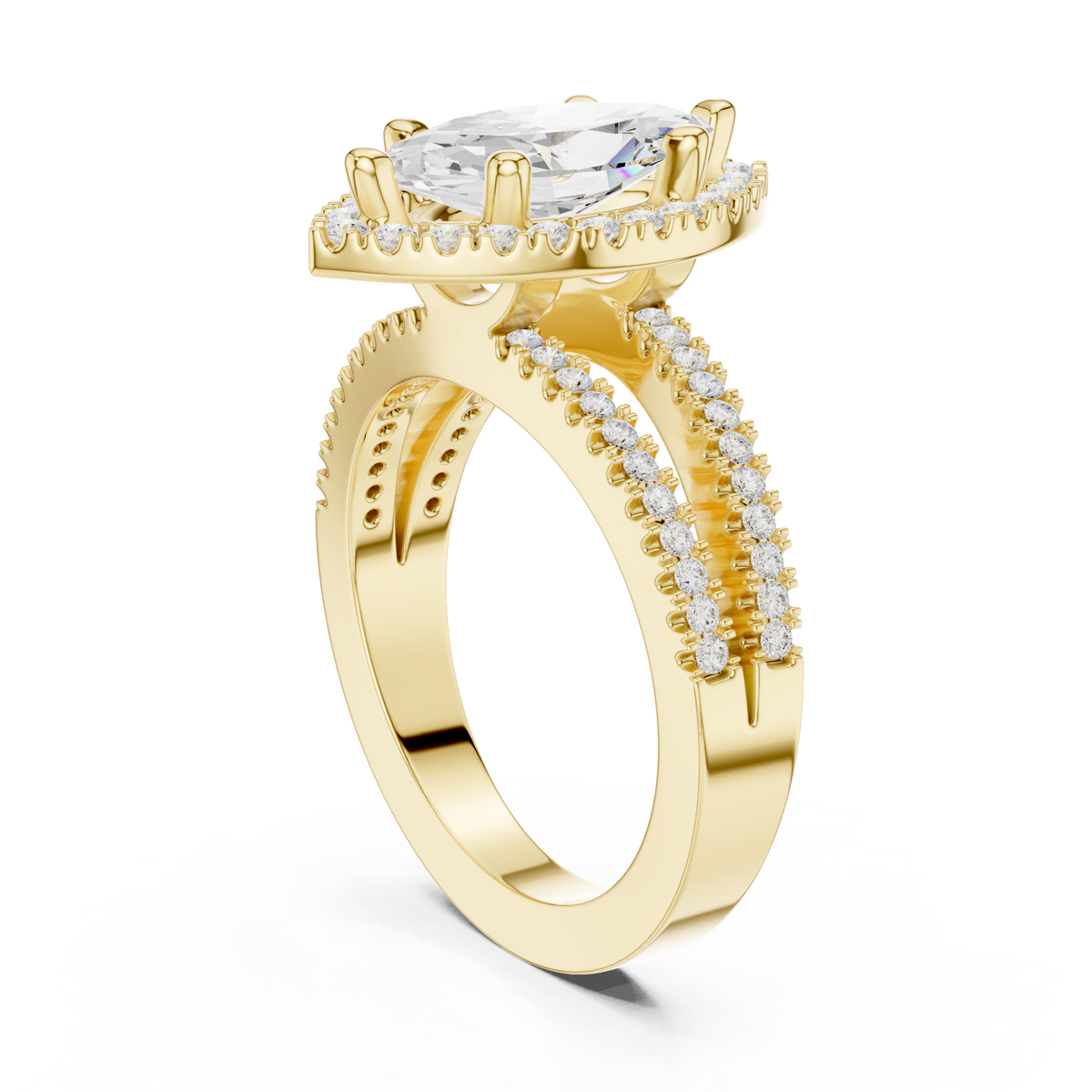 Marquise split shank halo engagement ring yellow gold front view