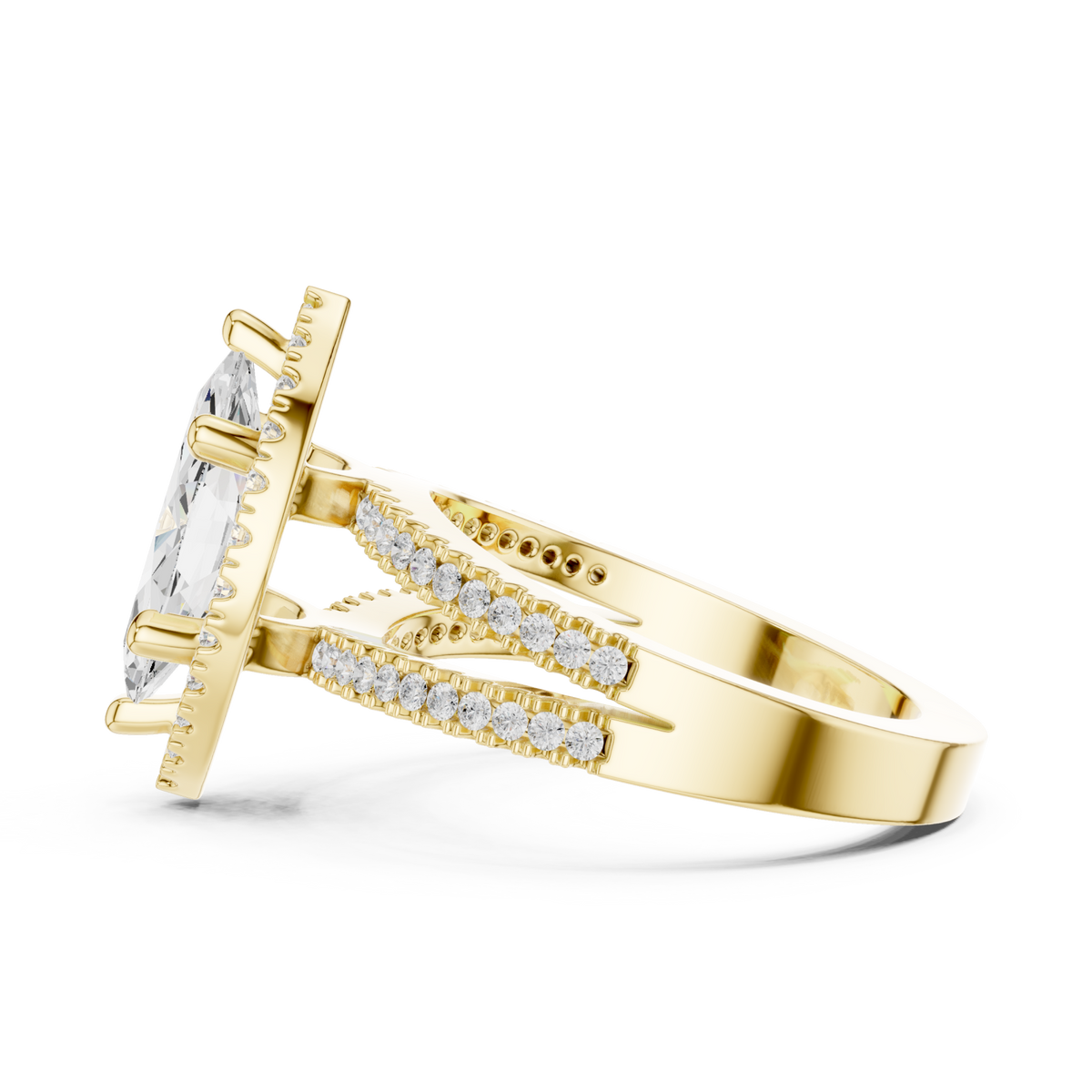 Marquise split shank halo engagement ring yellow gold side view