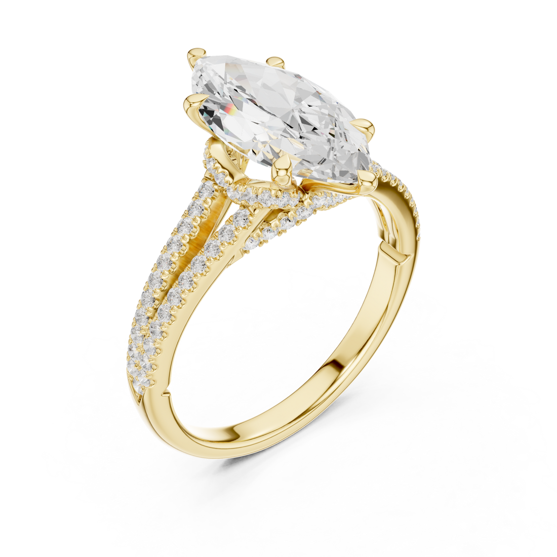 Marquise split shank pave engagement ring yellow gold front view