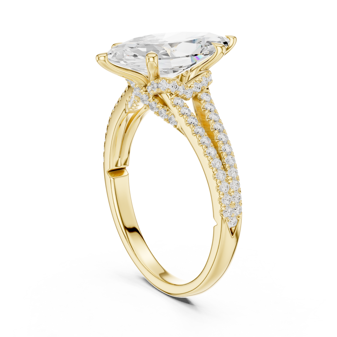 Marquise split shank pave engagement ring yellow gold front view