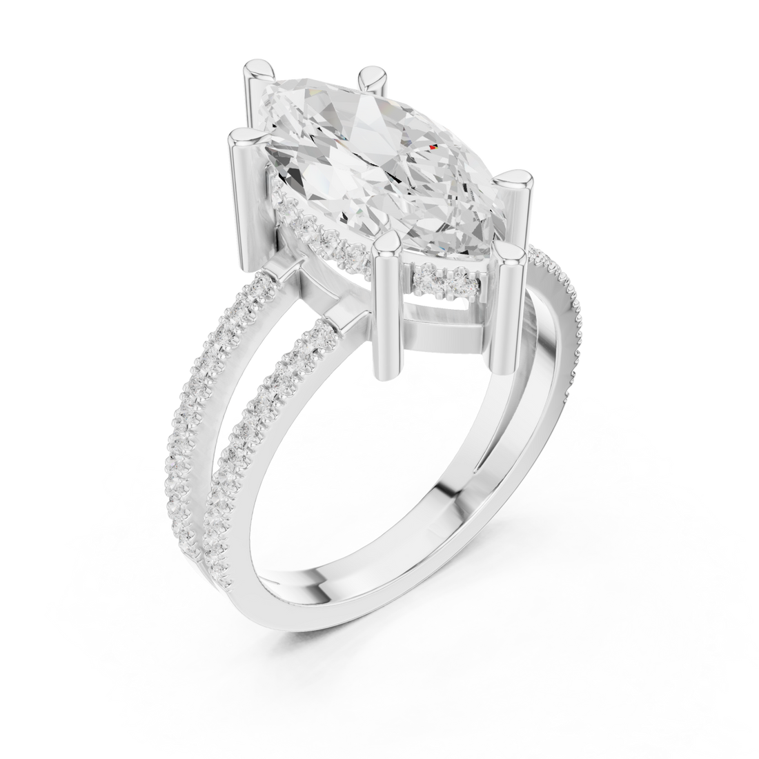 Marquise split shank pave solitaire engagement ring white gold front view