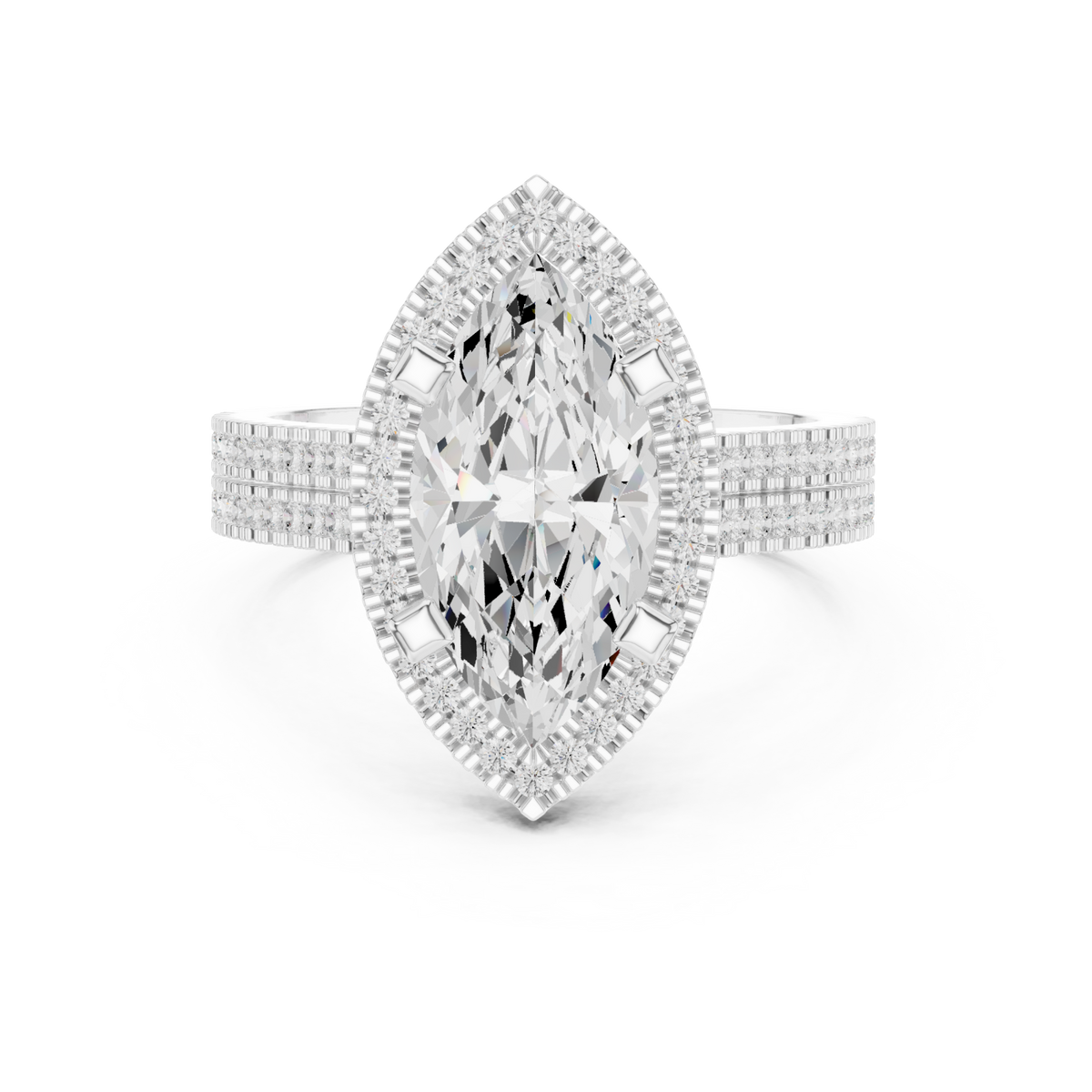 Marquise triple-row pave halo engagement ring white gold detail view