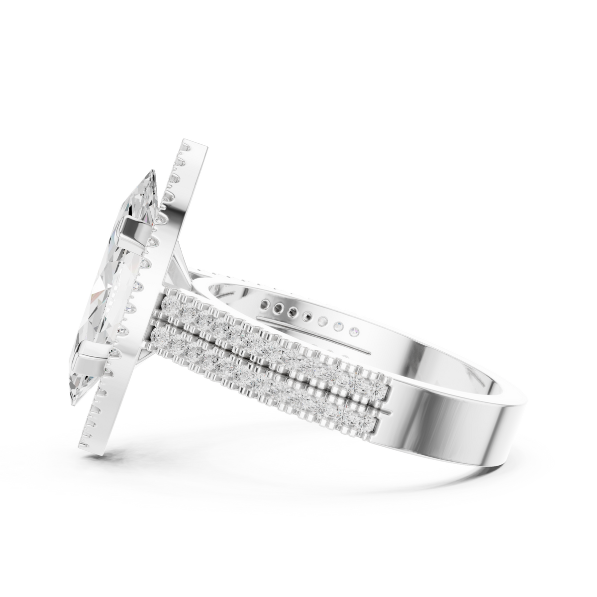 Marquise triple-row pave halo engagement ring white gold side view