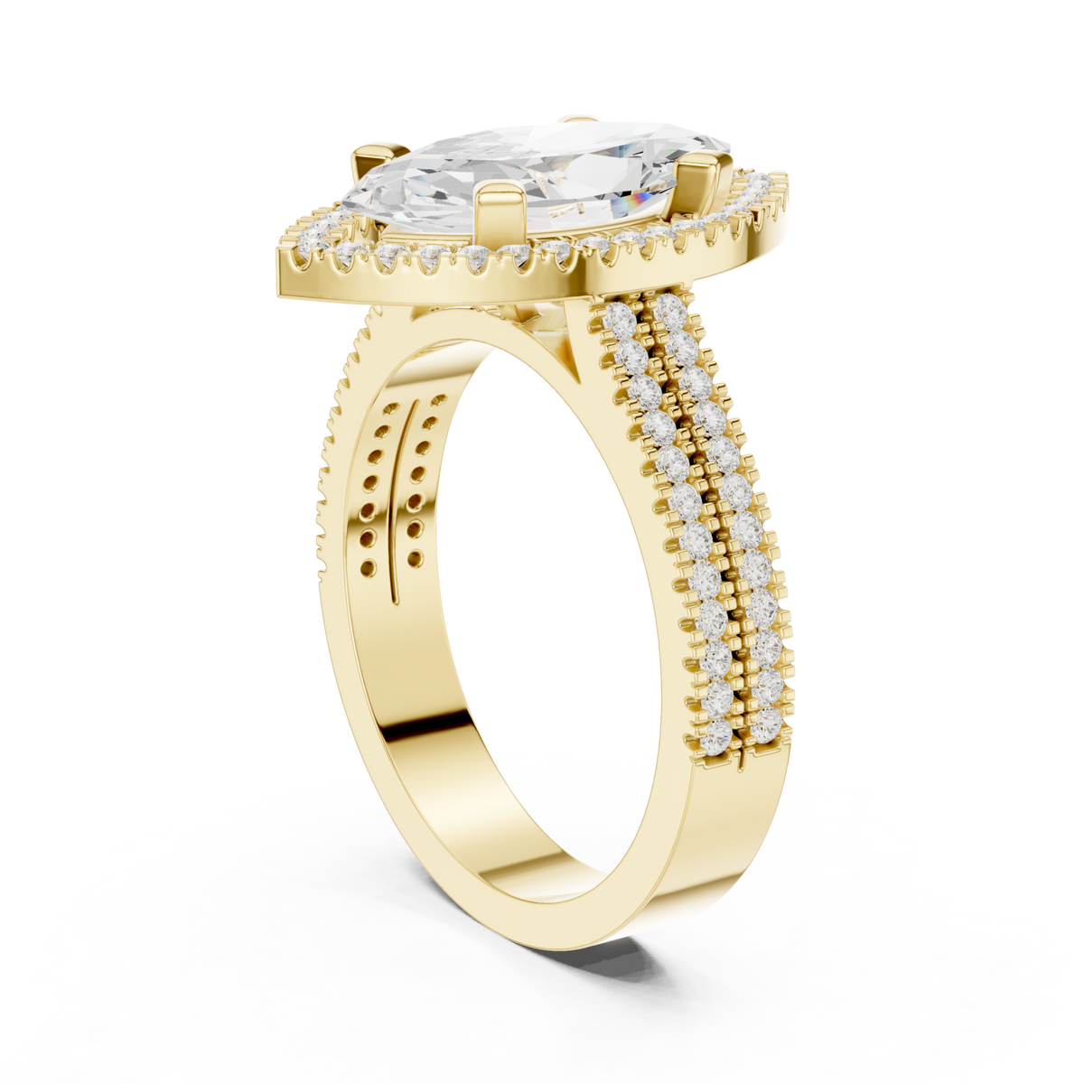 Marquise triple-row pave halo engagement ring yellow gold front view