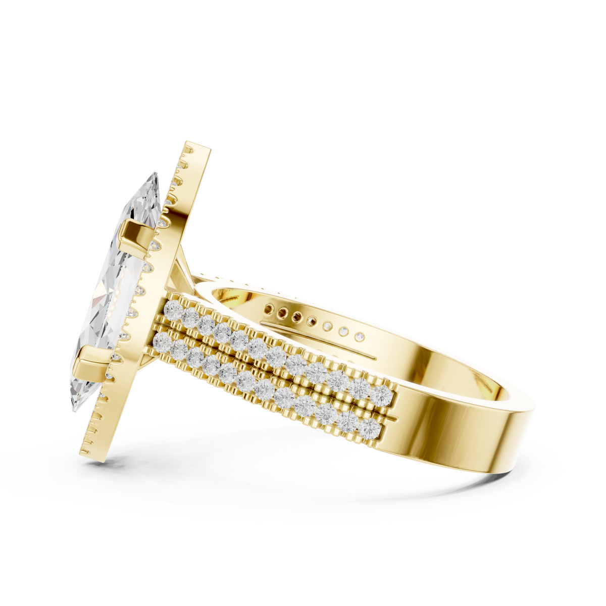 Marquise triple-row pave halo engagement ring yellow gold side view
