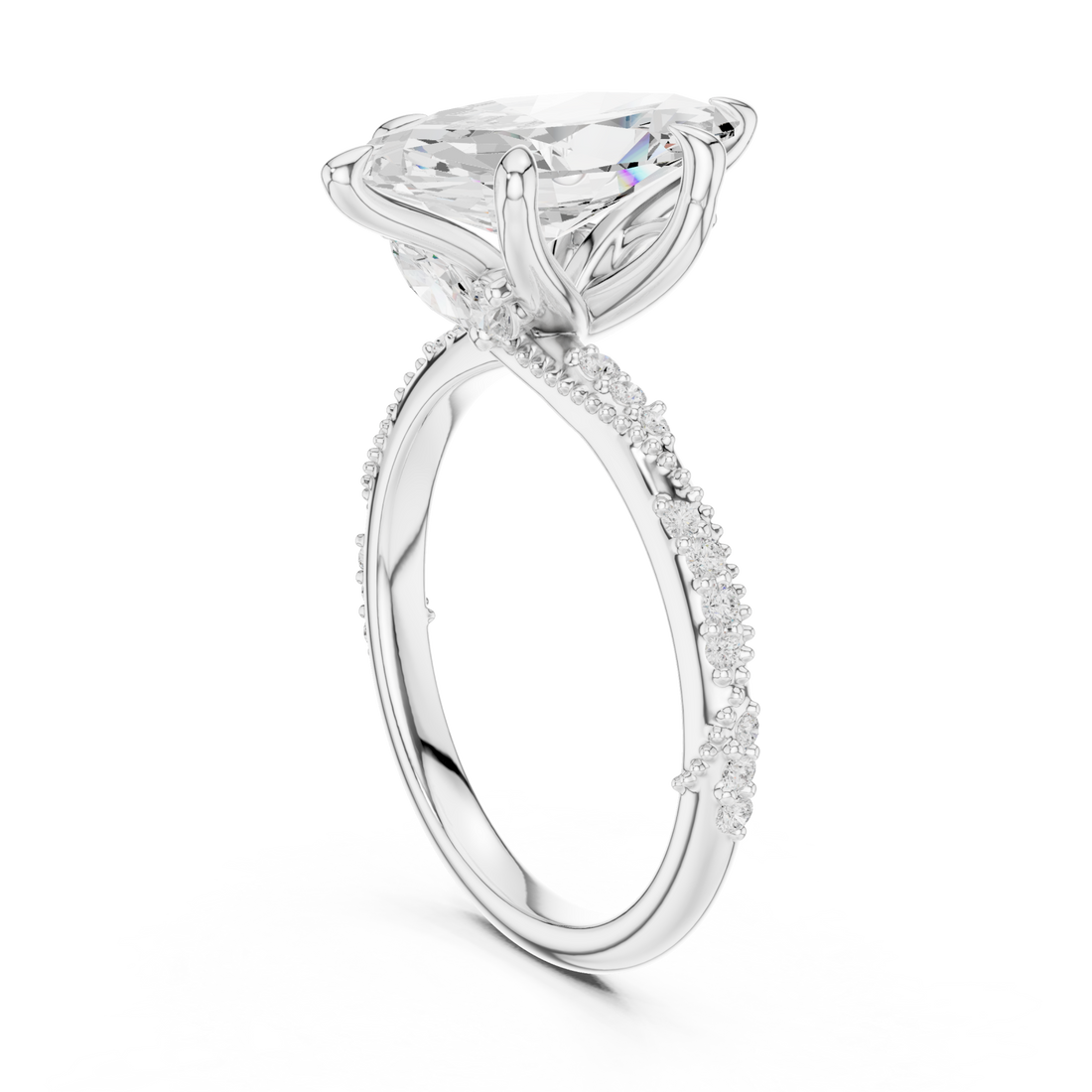 Marquise twist pave engagement ring white gold front view