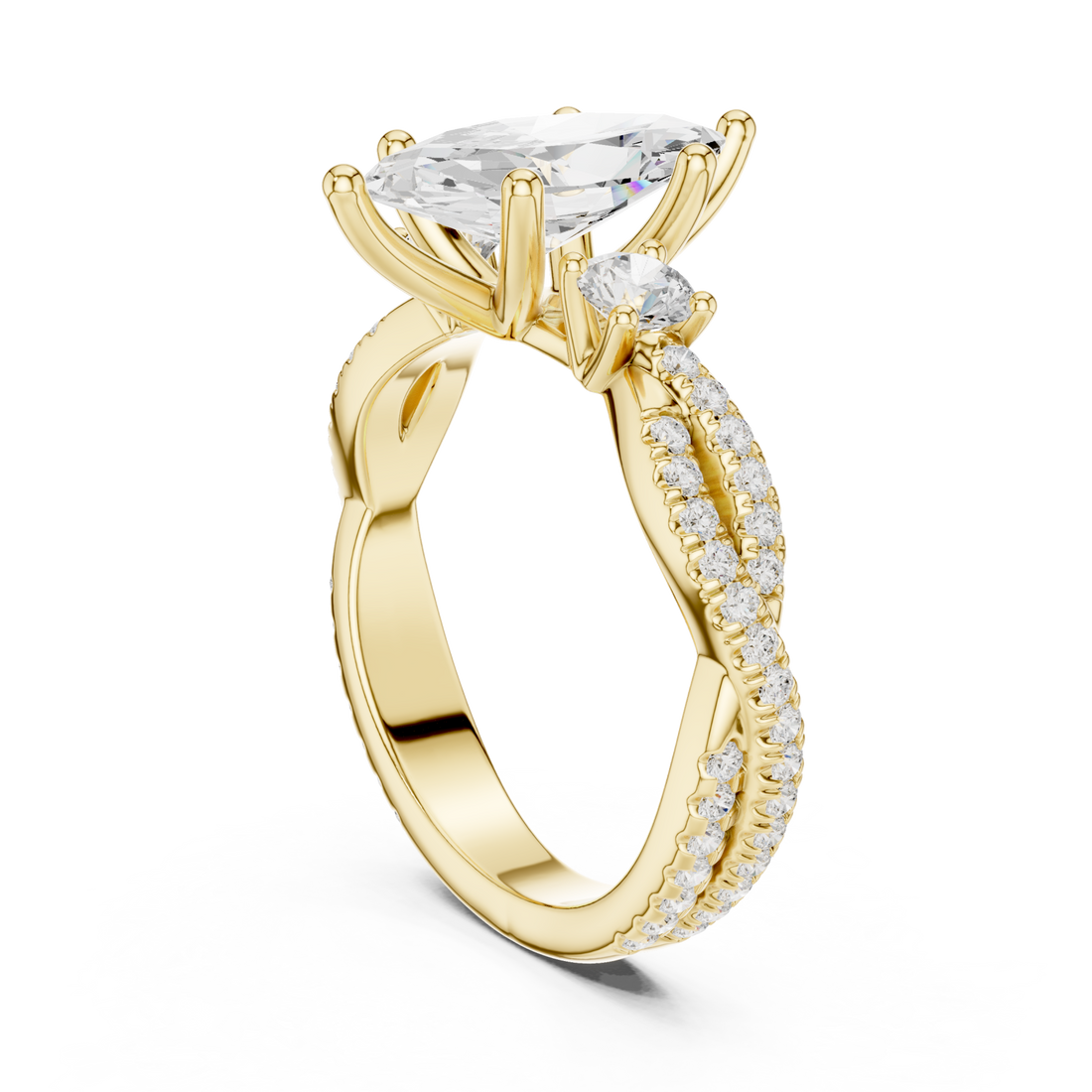 Marquise twist three stone engagement ring yellow gold front view