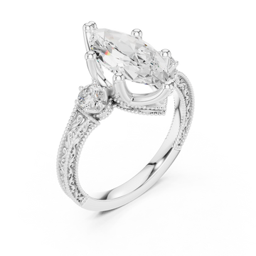 Marquise vintage engraved three stone ring white gold front view