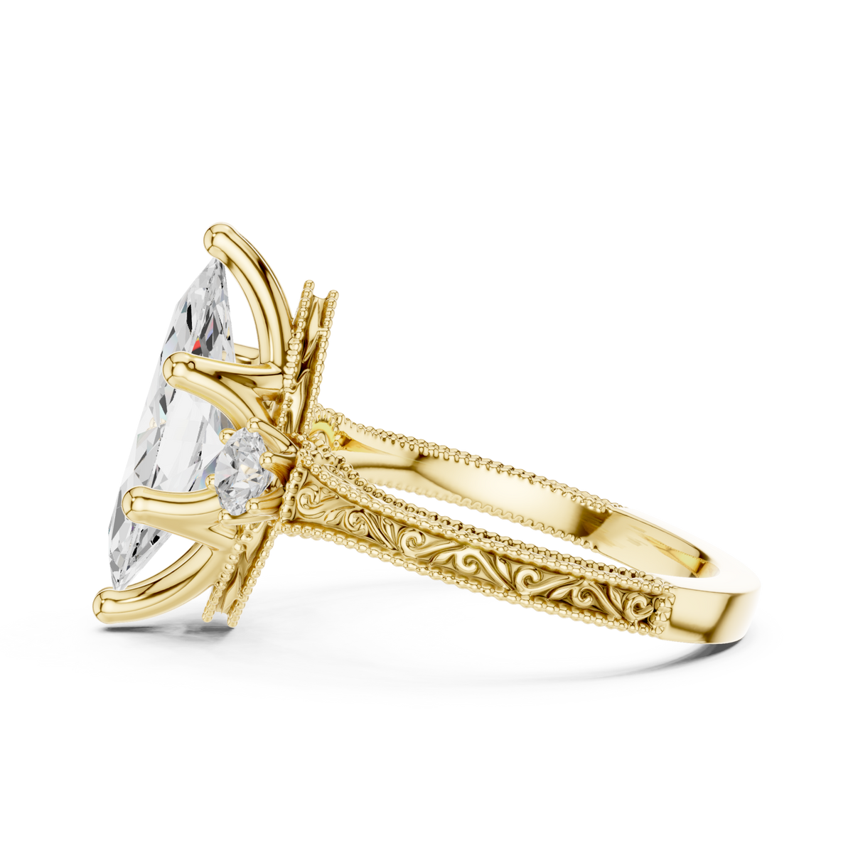 Marquise vintage engraved three stone ring yellow gold angle view