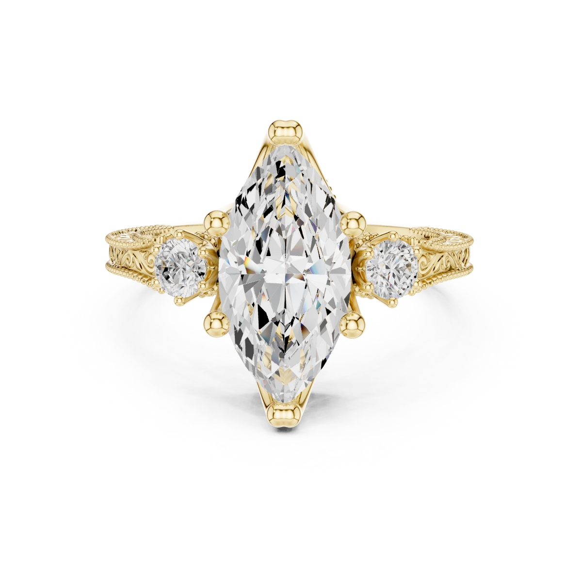Marquise vintage engraved three stone ring yellow gold detail view