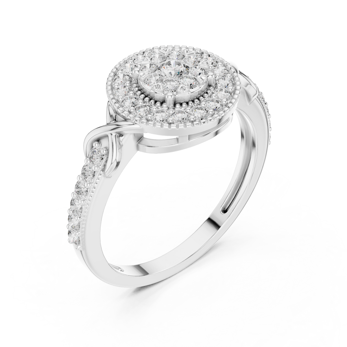Milgrain halo crossover diamond cluster ring white gold front view