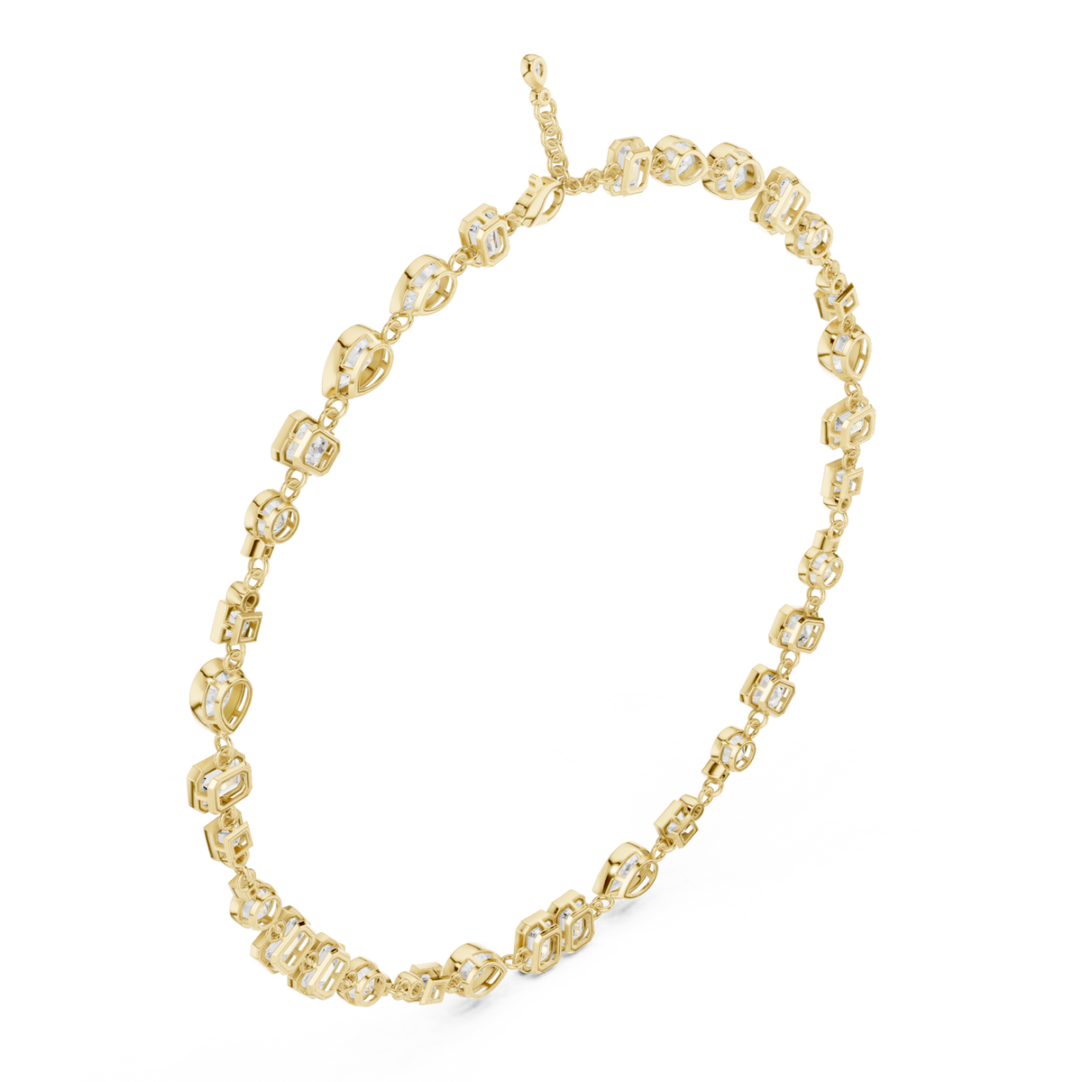 Mixed-cut diamond bezel station necklace yellow gold angle view
