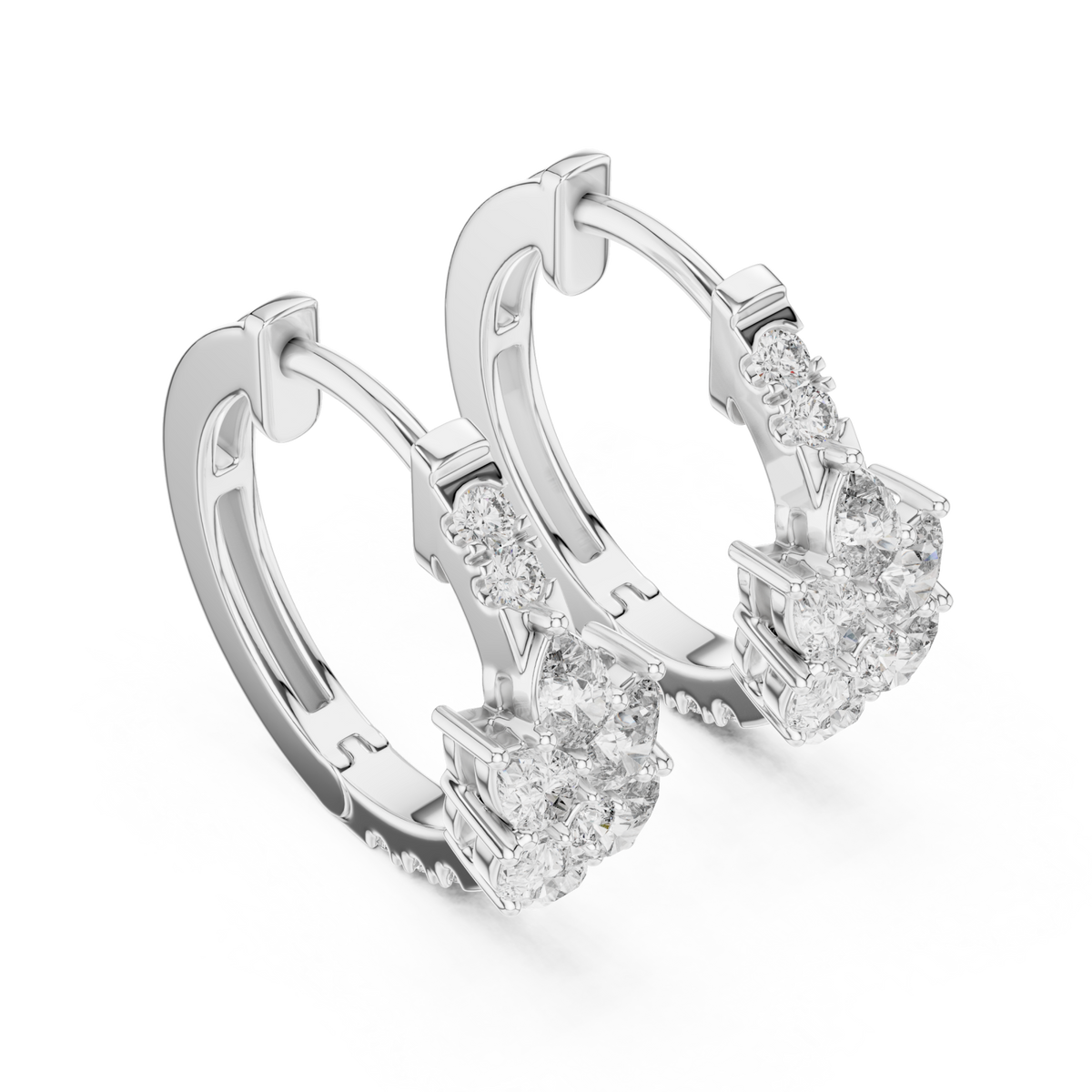  White Gold Mixed Cluster Huggie Hoops Angle View