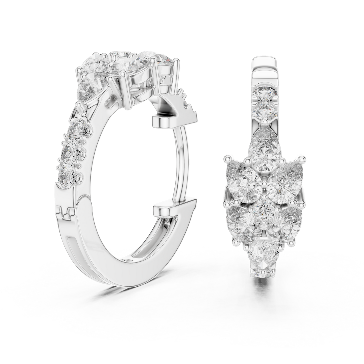  White Gold Mixed Cluster Huggie Hoops Front View