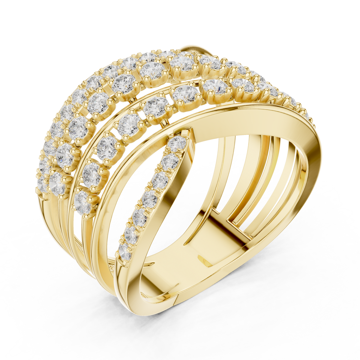 Multi-row crossover rail ring yellow gold front view