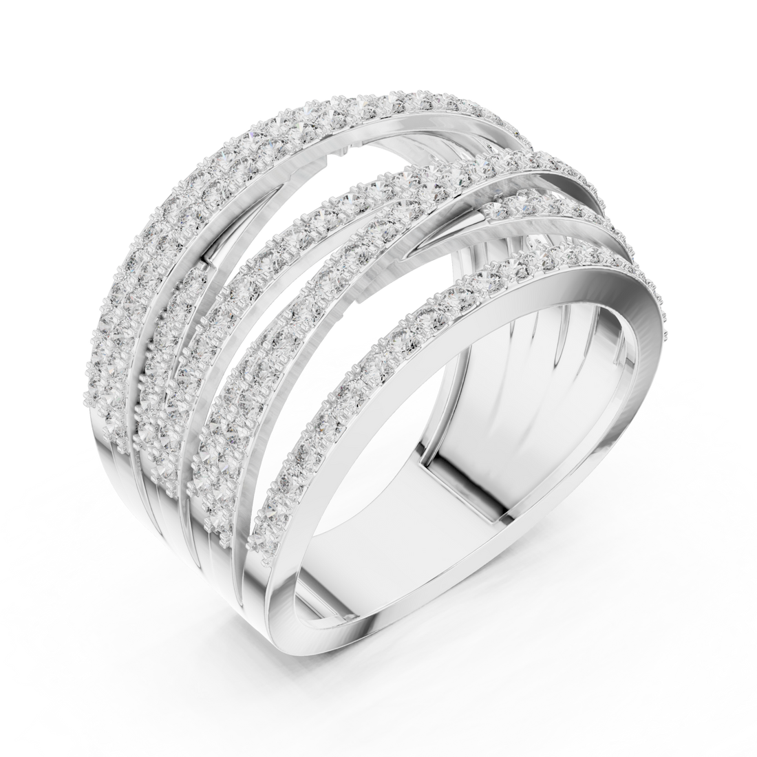 Multi-row pave wave dome ring white gold front view