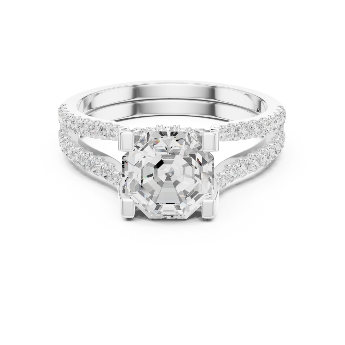 Octagon curved split shank pave engagement ring white gold detail view