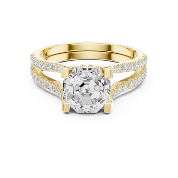 Octagon curved split shank pave engagement ring yellow gold detail view